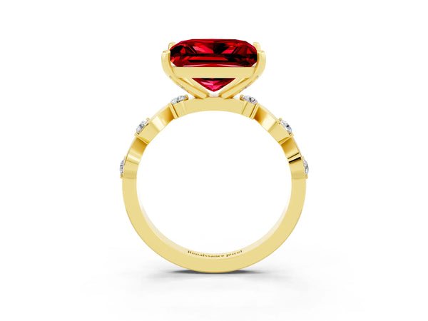 Yellow gold Princess Cut Ruby Solitaire Twisted Band with Round  Accents and Prong Setting