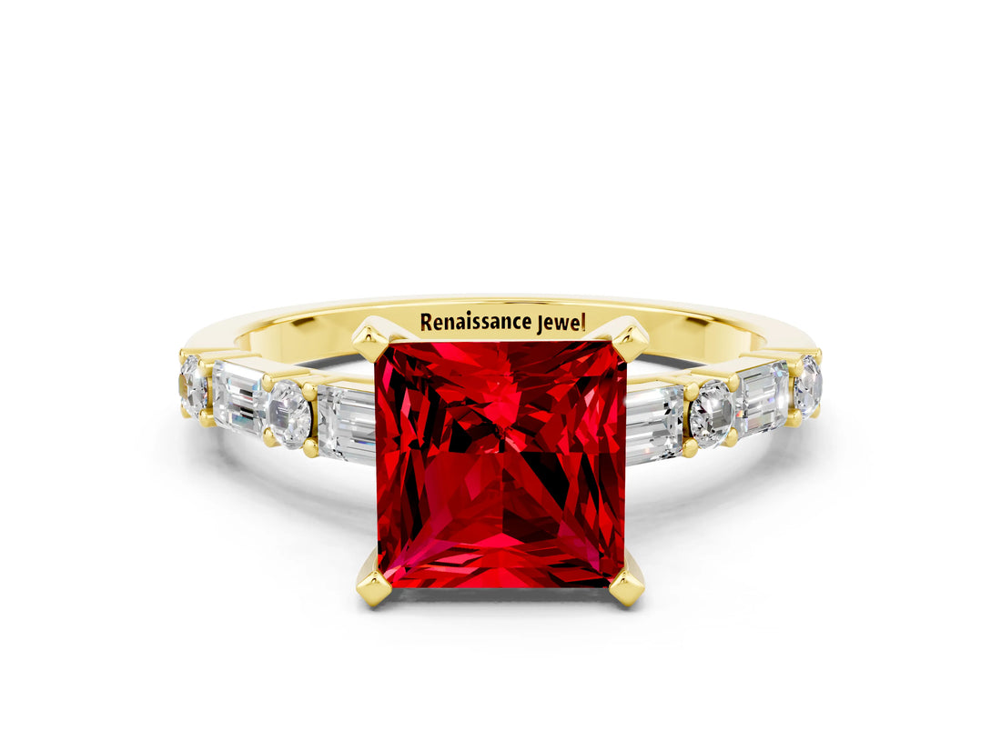 Yellow gold Princess Cut Ruby Solitaire with Side Baguettes and Channel Set Band