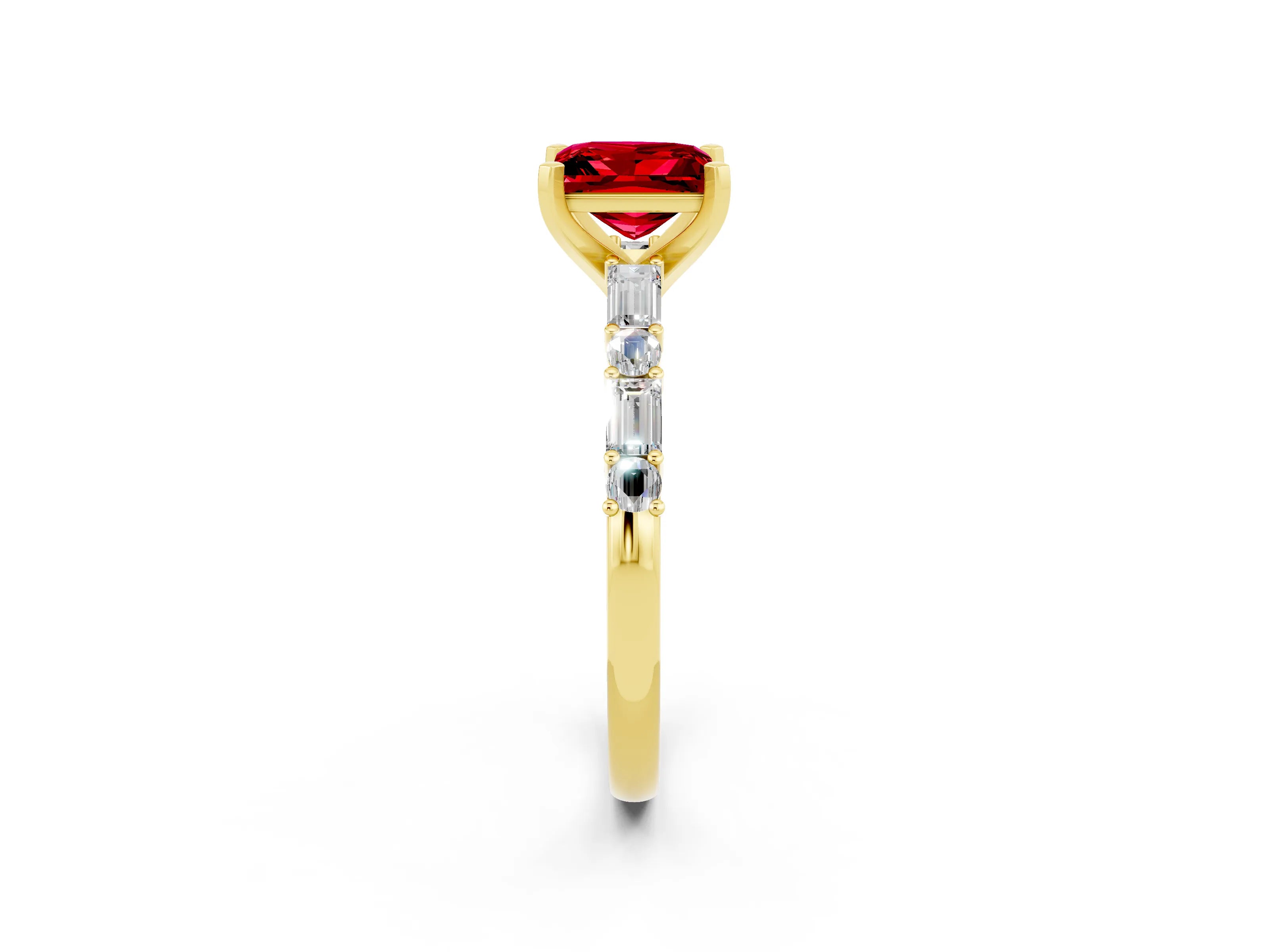 Yellow gold Princess Cut Ruby Solitaire with Side Baguettes and Channel Set Band_2