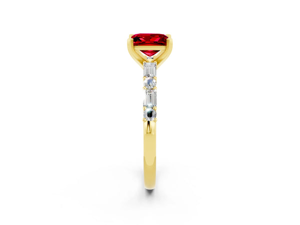 Yellow gold Princess Cut Ruby Solitaire with Side Baguettes and Channel Set Band