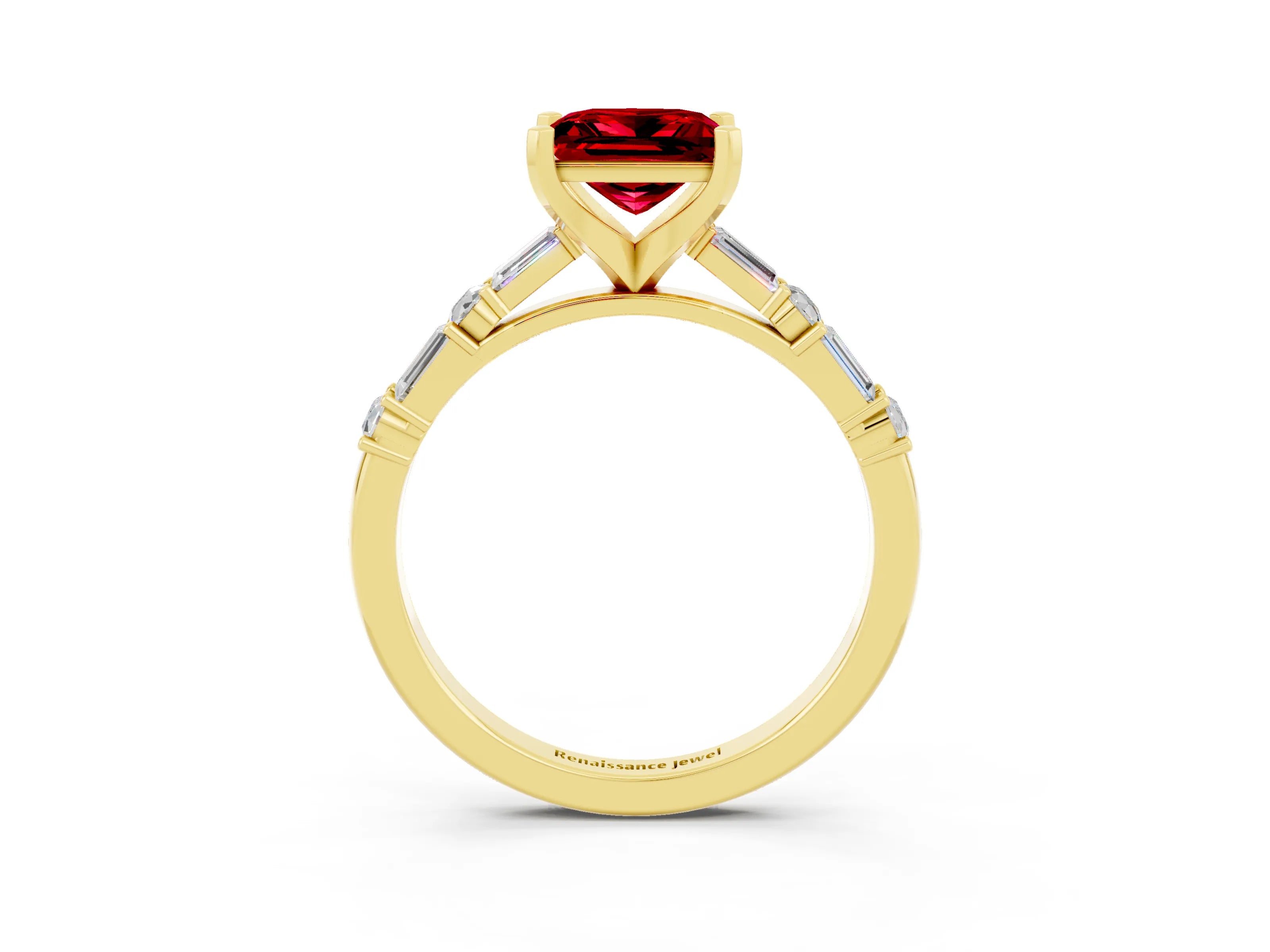 Yellow gold Princess Cut Ruby Solitaire with Side Baguettes and Channel Set Band_3