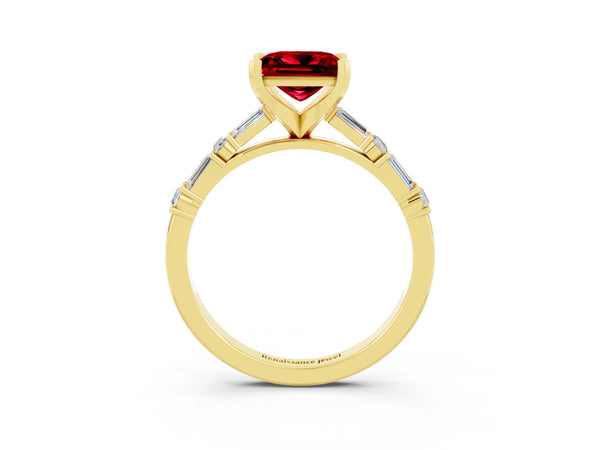 Yellow gold Princess Cut Ruby Solitaire with Side Baguettes and Channel Set Band