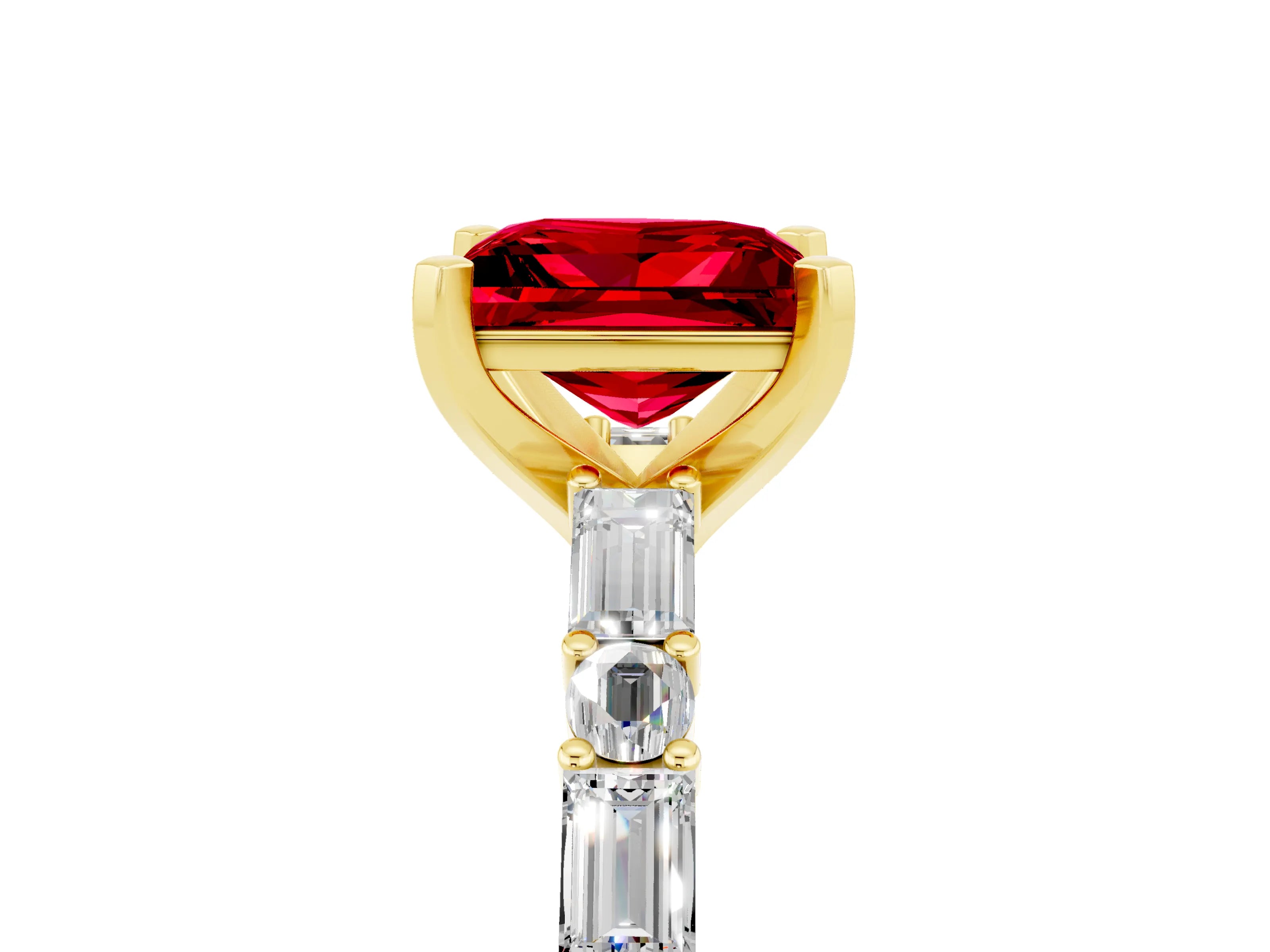 Yellow gold Princess Cut Ruby Solitaire with Side Baguettes and Channel Set Band_5
