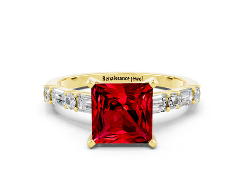 Yellow gold Princess Cut Ruby Solitaire with Side Baguettes and Channel Set Band