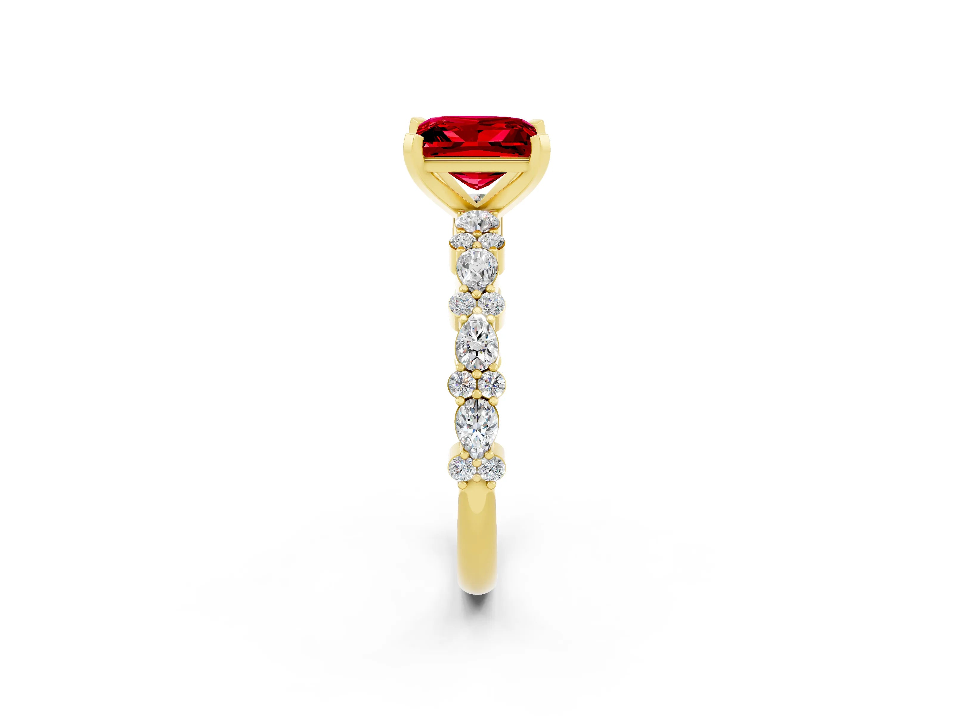 Yellow gold Princess Cut Ruby Solitaire with Side Stones, Pave Band, Four-Prong Setting_34