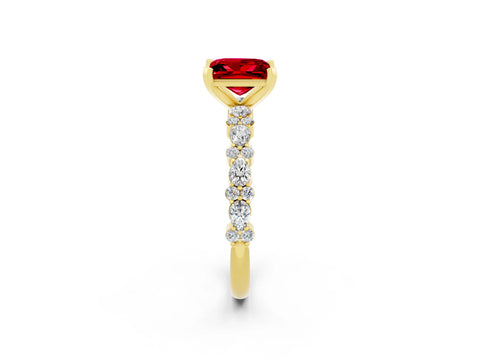 Yellow gold Princess Cut Ruby Solitaire with Side Stones, Pave Band, Four-Prong Setting_34