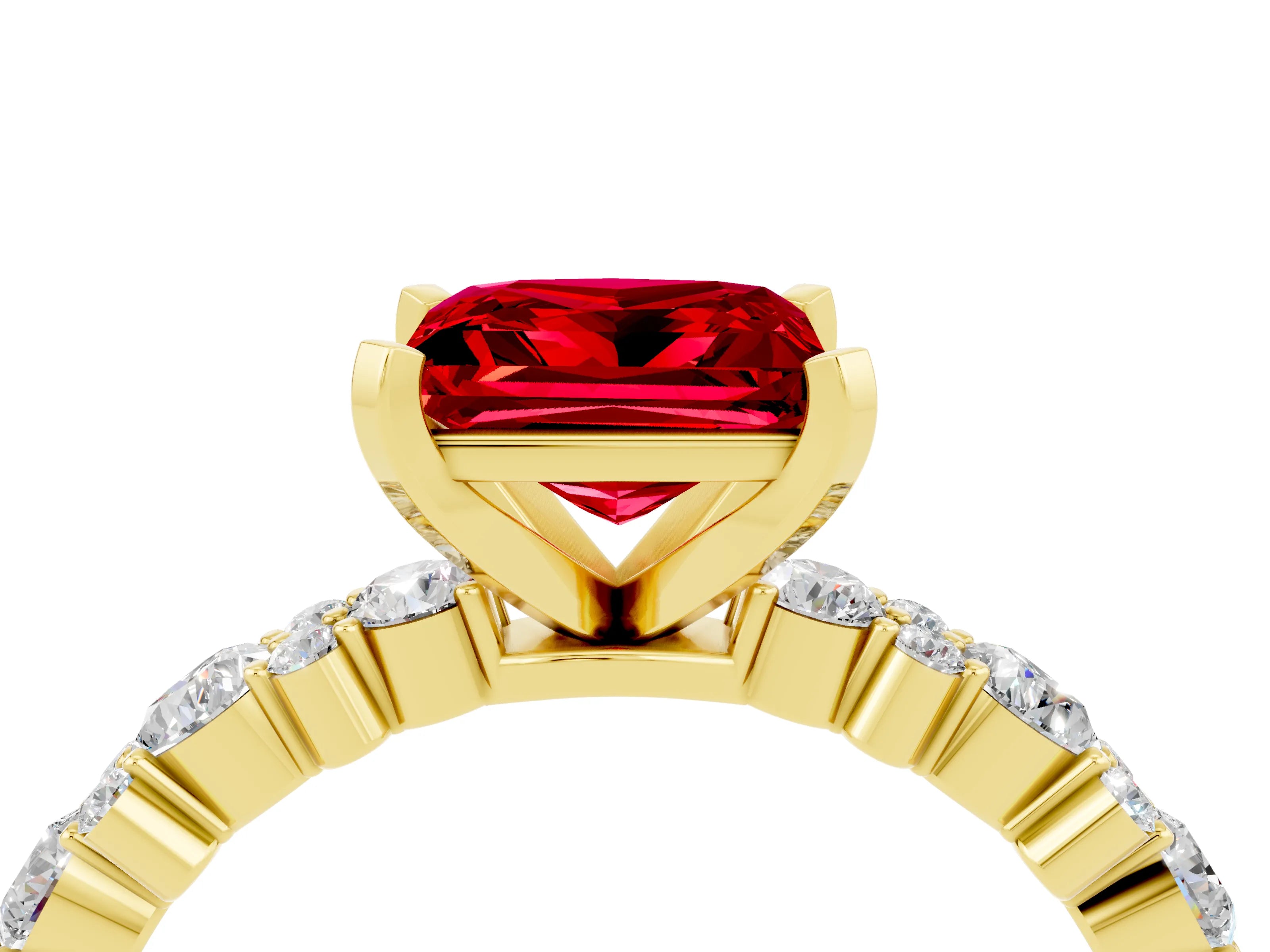 Yellow gold Princess Cut Ruby Solitaire with Side Stones, Pave Band, Four-Prong Setting_36