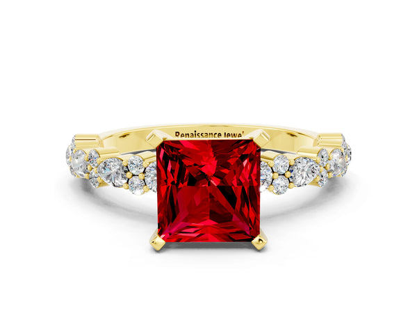 Yellow gold Princess Cut Ruby Side Stone Solitaire Ring with Round  and Four-Prong Setting