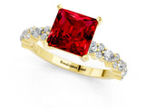 Yellow gold Princess Cut Ruby Solitaire with Side Stones, Pave Band, Four-Prong Setting_57