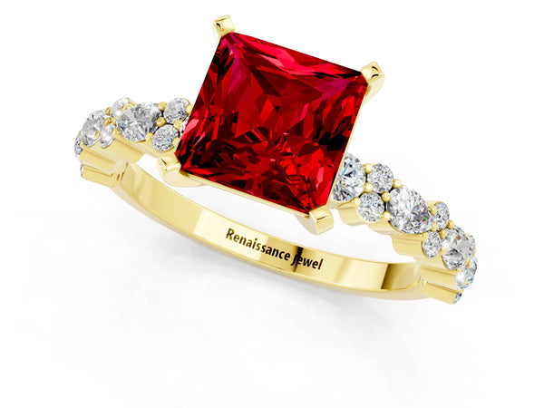 Yellow gold Princess Cut Ruby Side Stone Solitaire Ring with Round  and Four-Prong Setting