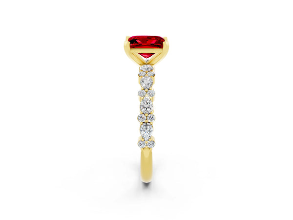 Yellow gold Princess Cut Ruby Side Stone Solitaire Ring with Round  and Four-Prong Setting