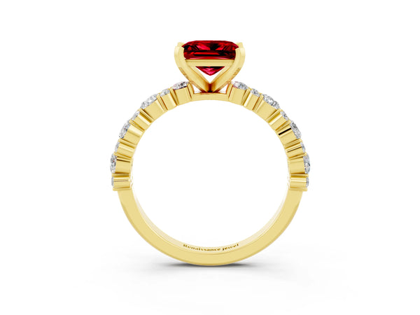Yellow gold Princess Cut Ruby Side Stone Solitaire Ring with Round  and Four-Prong Setting