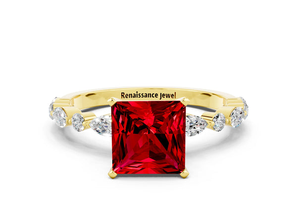 Yellow gold Princess Cut Ruby Ring with Marquise and Round  Side Stones and Four-Prong Setting