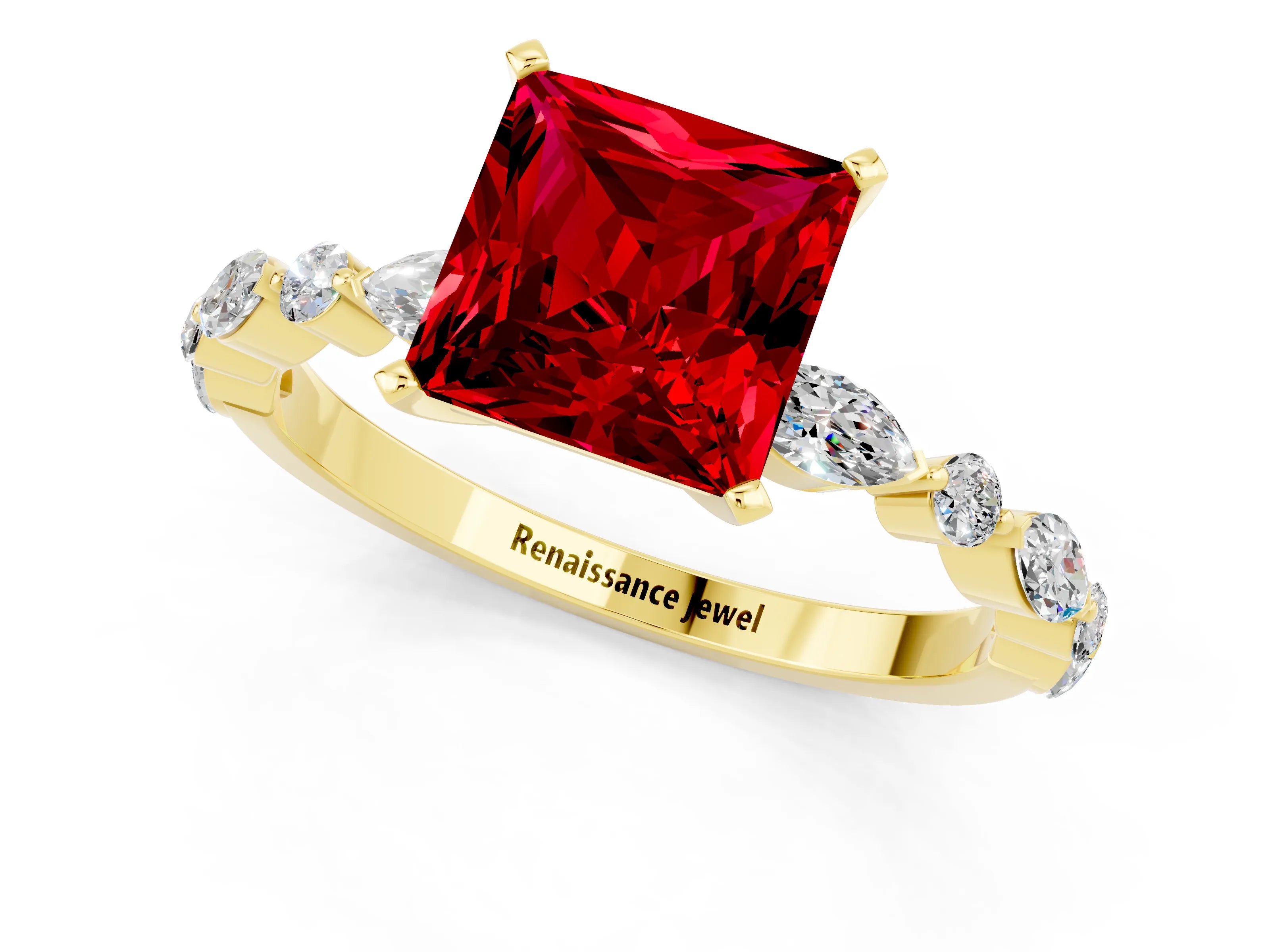 Yellow gold Princess Cut Ruby Solitaire with Side Stones on a Pavé Band and Four-Prong Setting_1