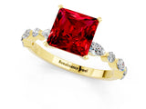 Yellow gold Princess Cut Ruby Solitaire with Side Stones on a Pavé Band and Four-Prong Setting_1