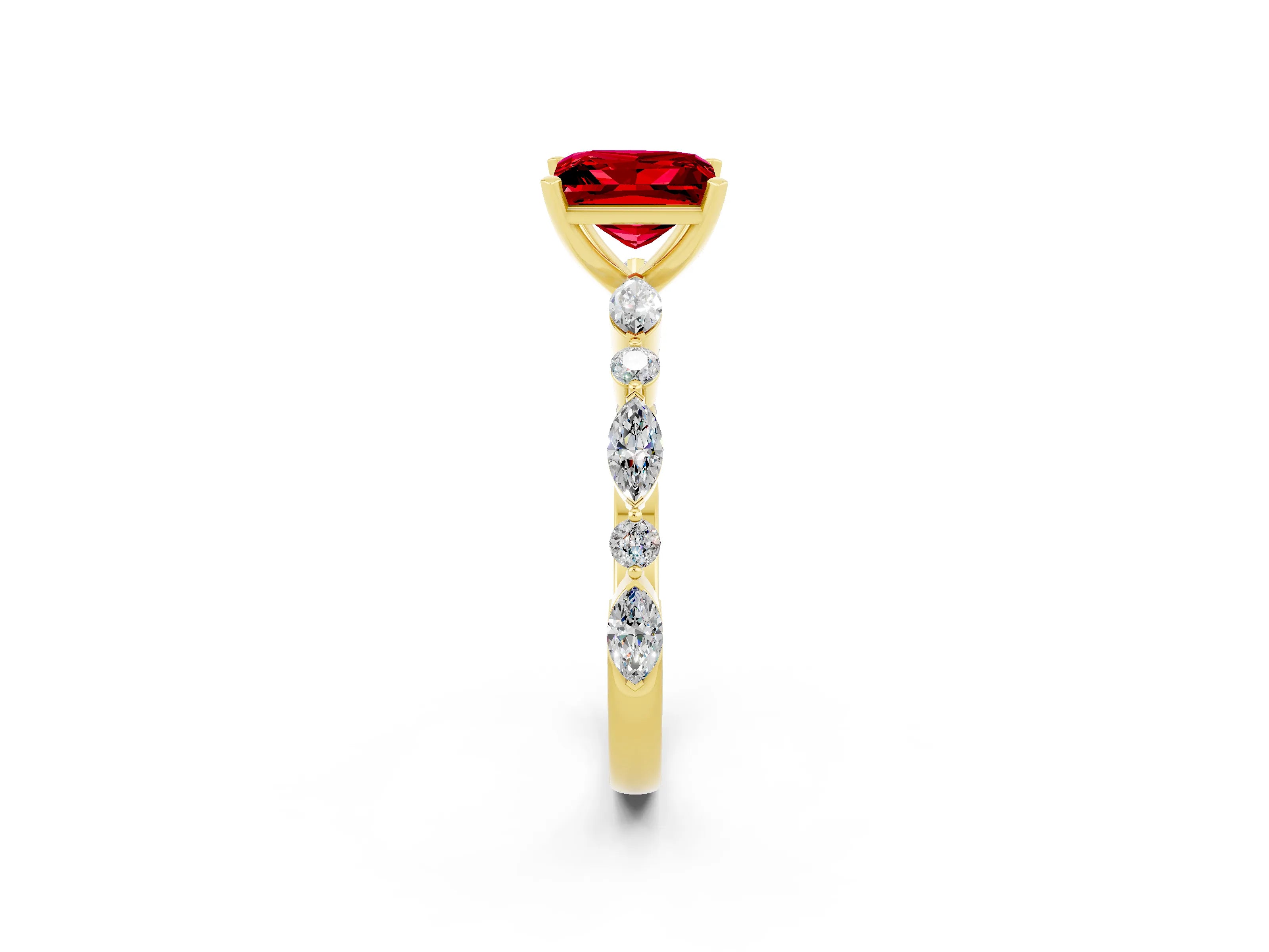 Yellow gold Princess Cut Ruby Solitaire with Side Stones on a Pavé Band and Four-Prong Setting_2