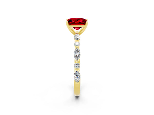 Yellow gold Princess Cut Ruby Ring with Marquise and Round  Side Stones and Four-Prong Setting
