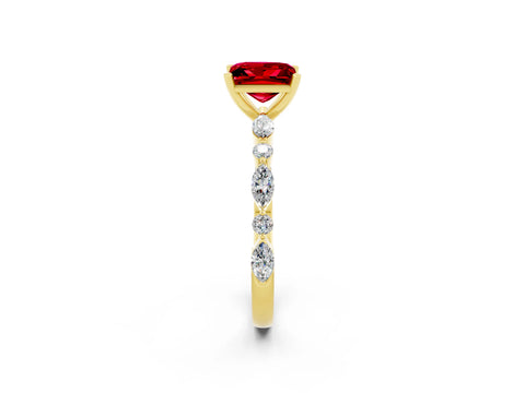 Yellow gold Princess Cut Ruby Solitaire with Side Stones on a Pavé Band and Four-Prong Setting_2