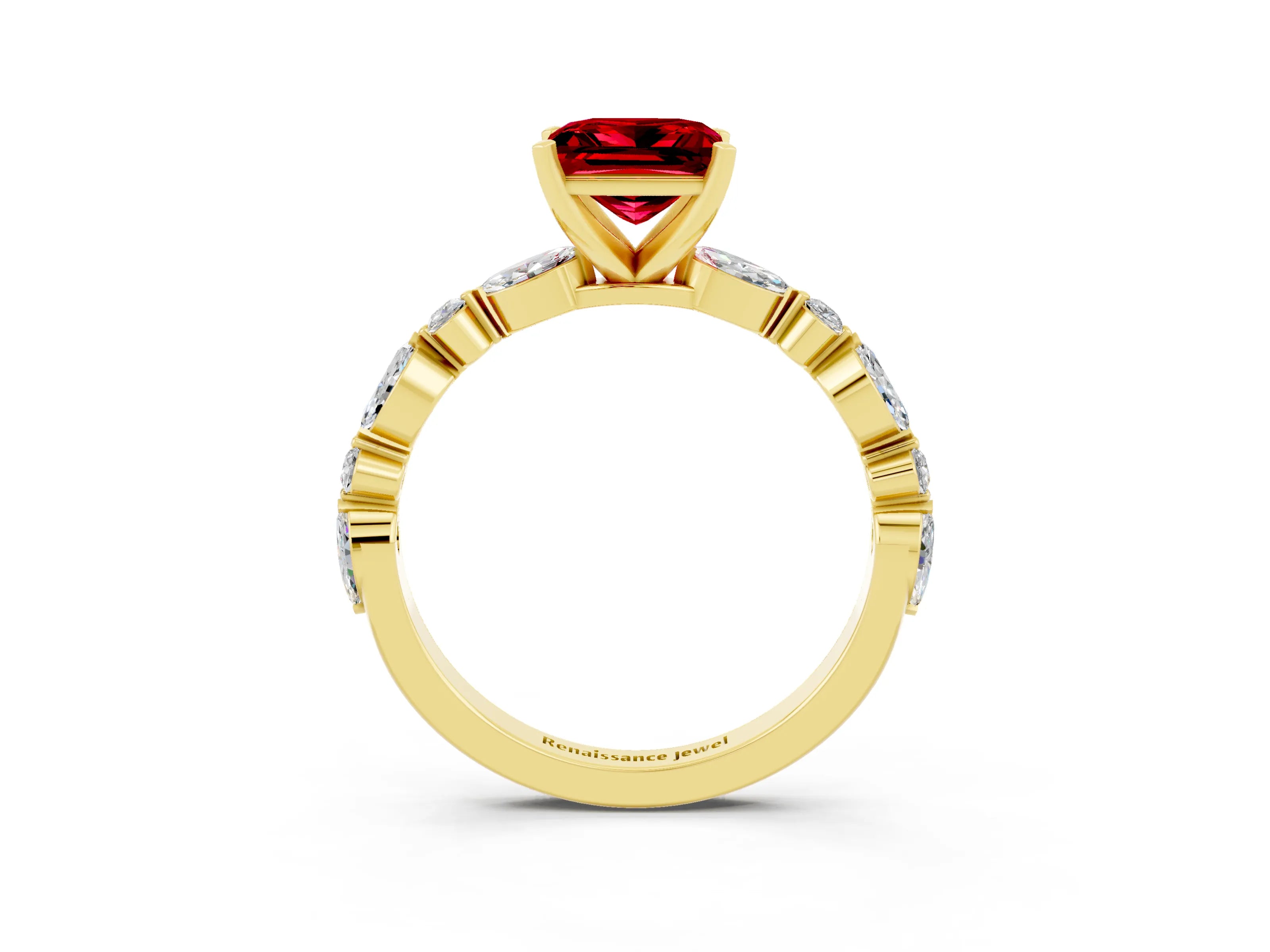 Yellow gold Princess Cut Ruby Solitaire with Side Stones on a Pavé Band and Four-Prong Setting_3