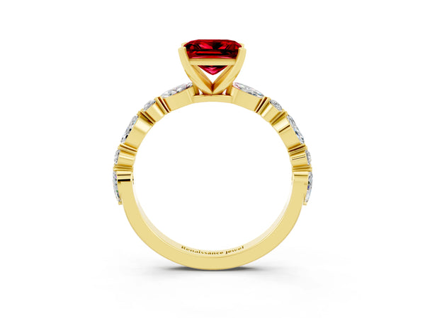 Yellow gold Princess Cut Ruby Ring with Marquise and Round  Side Stones and Four-Prong Setting