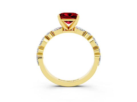 Yellow gold Princess Cut Ruby Solitaire with Side Stones on a Pavé Band and Four-Prong Setting_3