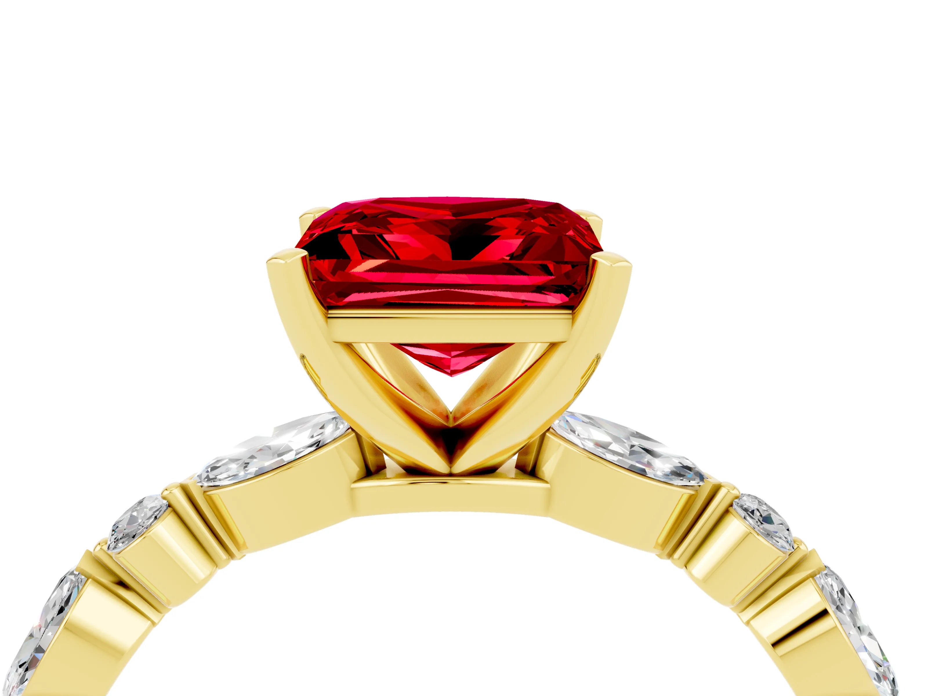 Yellow gold Princess Cut Ruby Solitaire with Side Stones on a Pavé Band and Four-Prong Setting_4
