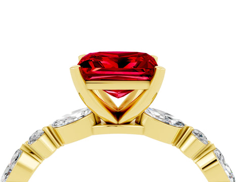 Yellow gold Princess Cut Ruby Solitaire with Side Stones on a Pavé Band and Four-Prong Setting_4