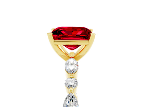 Yellow gold Princess Cut Ruby Solitaire with Side Stones on a Pavé Band and Four-Prong Setting_5