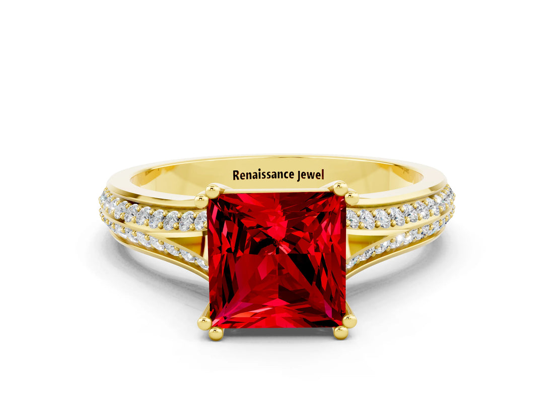 Yellow gold Princess Cut Ruby Split Shank Engagement Ring with Pavé Band