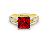 Yellow gold Princess Cut Ruby Split Shank Engagement Ring with Pavé Band