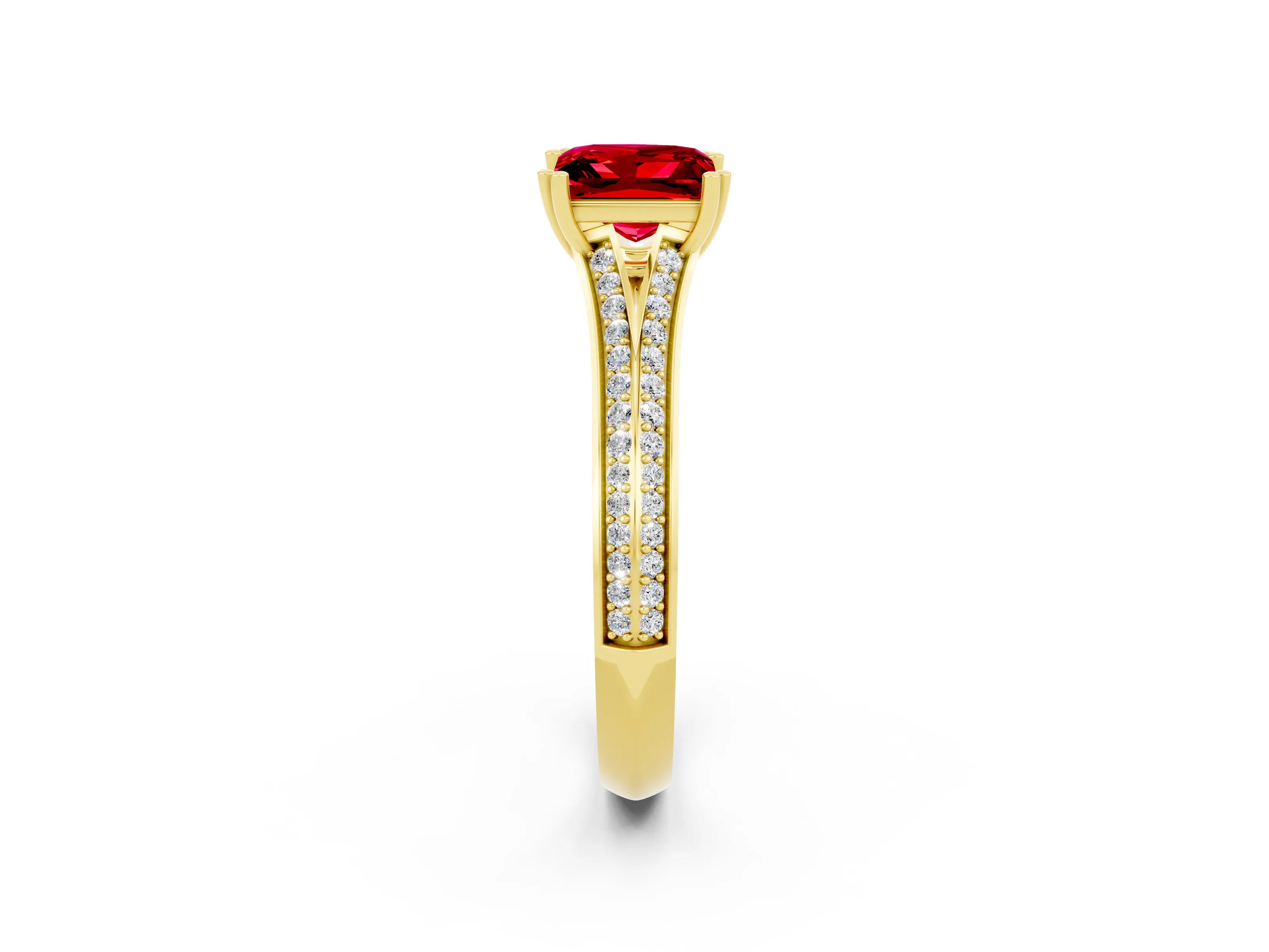 Yellow gold Princess Cut Ruby Split Shank Engagement Ring with Pavé Band_2