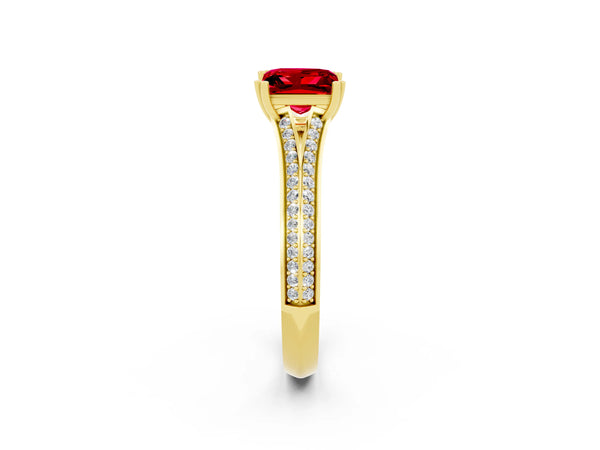 Yellow gold Princess Cut Ruby Split Shank Engagement Ring with Pavé Band