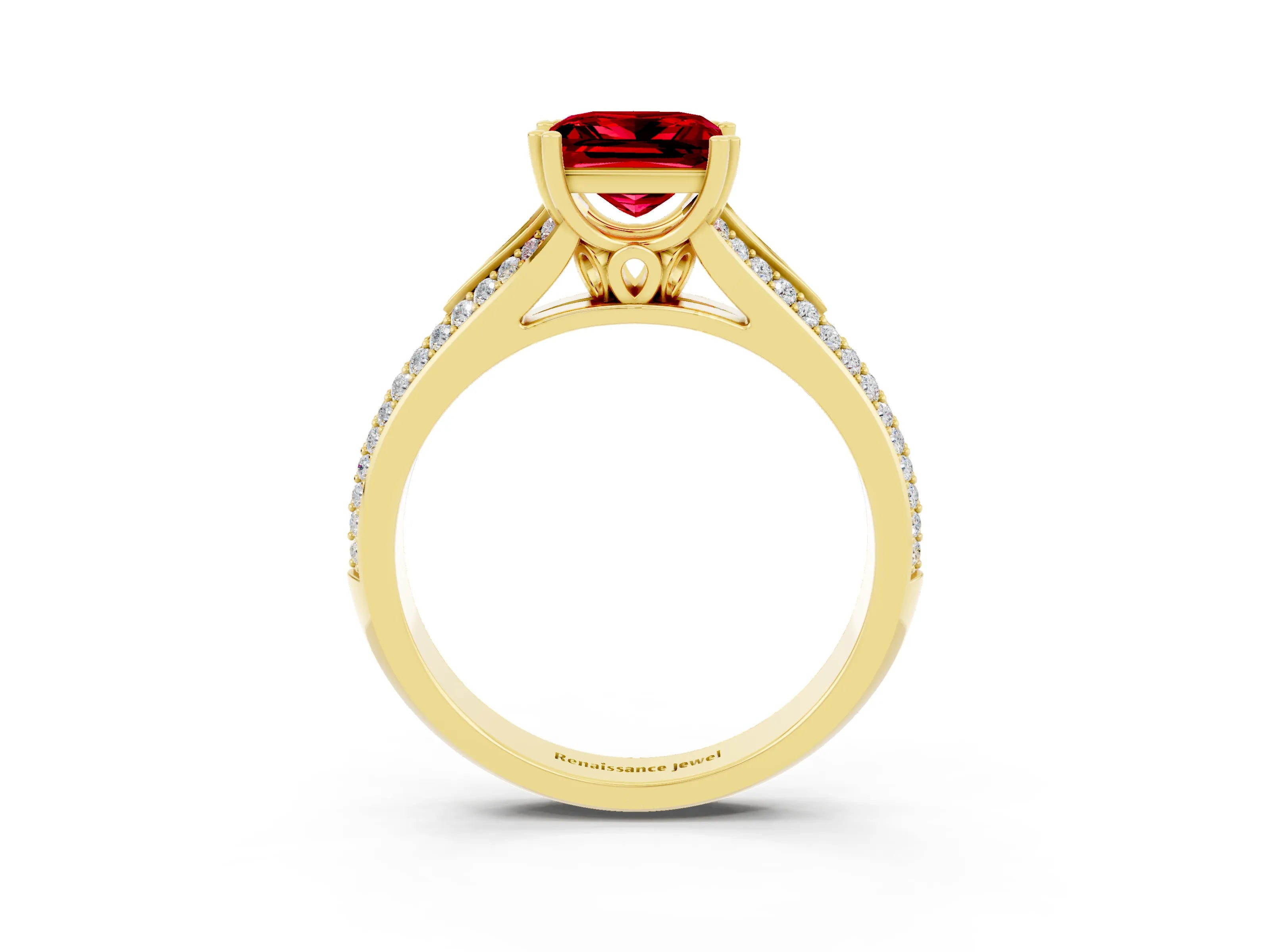 Yellow gold Princess Cut Ruby Split Shank Engagement Ring with Pavé Band_3