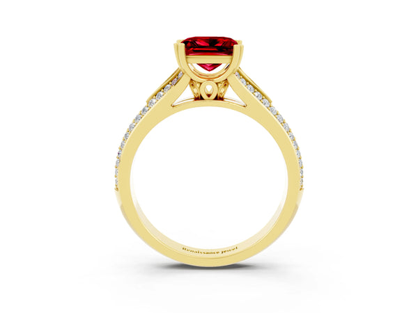 Yellow gold Princess Cut Ruby Split Shank Engagement Ring with Pavé Band