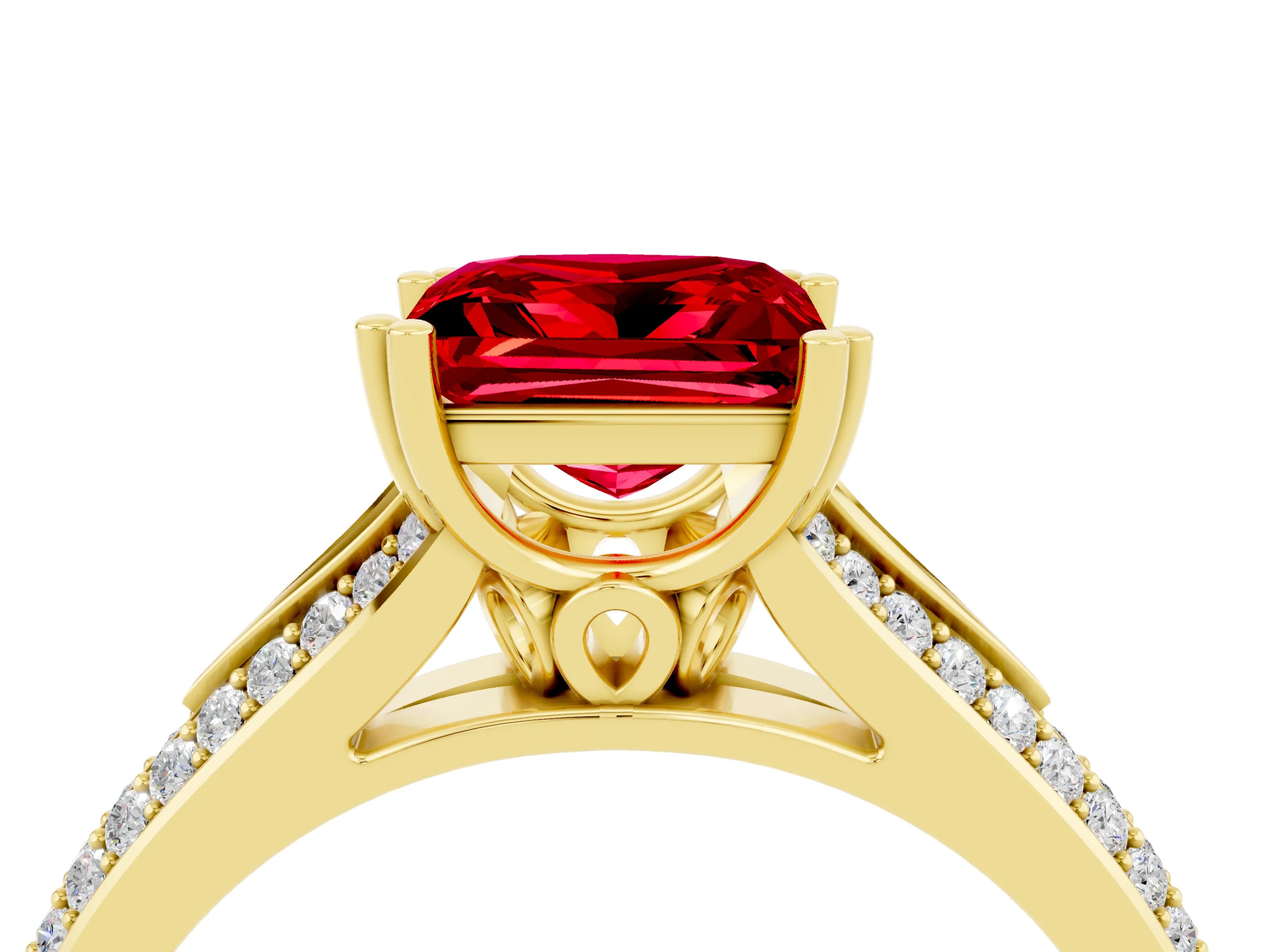 Yellow gold Princess Cut Ruby Split Shank Engagement Ring with Pavé Band_4