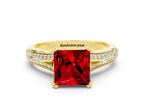 Yellow gold Princess Cut Ruby Split Shank Engagement Ring with Pavé Band