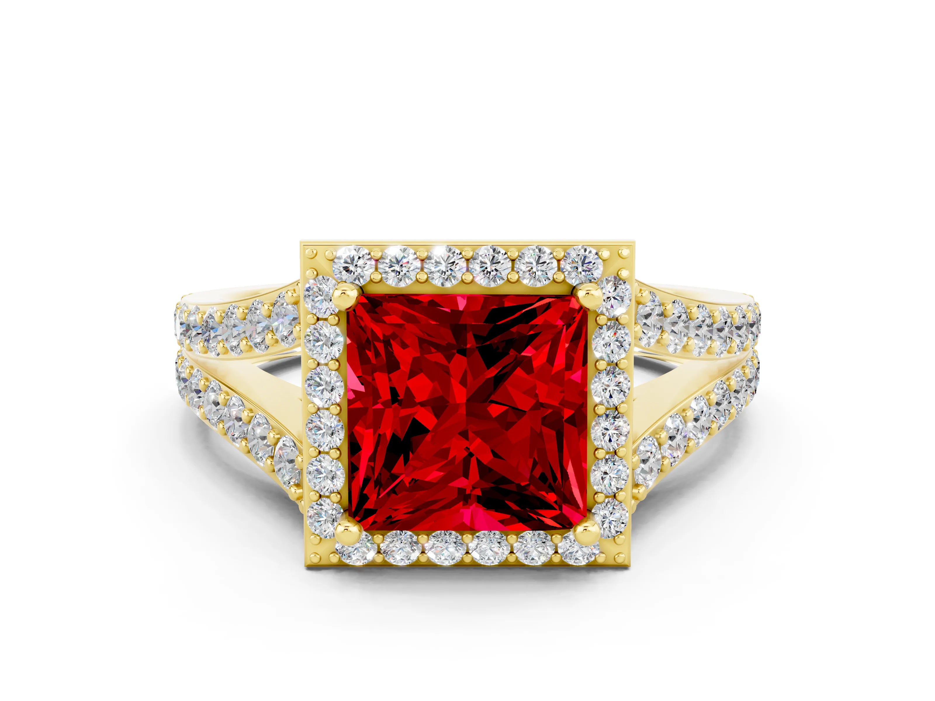Yellow gold Princess Cut Ruby Split Shank Halo Ring with Four-Prong Setting_12