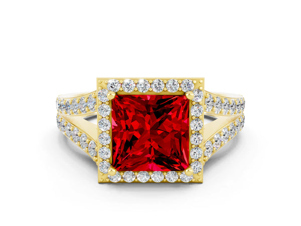 Yellow gold Princess Cut Ruby Split Shank Halo Ring with Four-Prong Setting