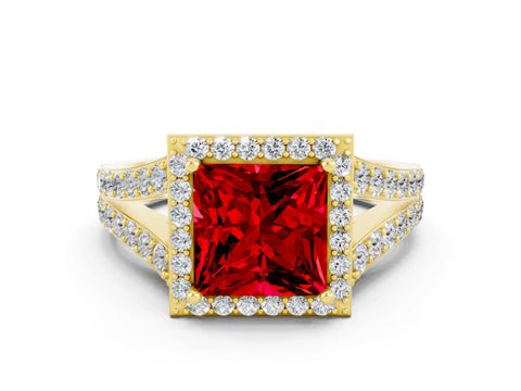 Yellow gold Princess Cut Ruby Split Shank Halo Ring with Four-Prong Setting_12