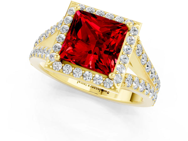 Yellow gold Princess Cut Ruby Split Shank Halo Ring with Four-Prong Setting