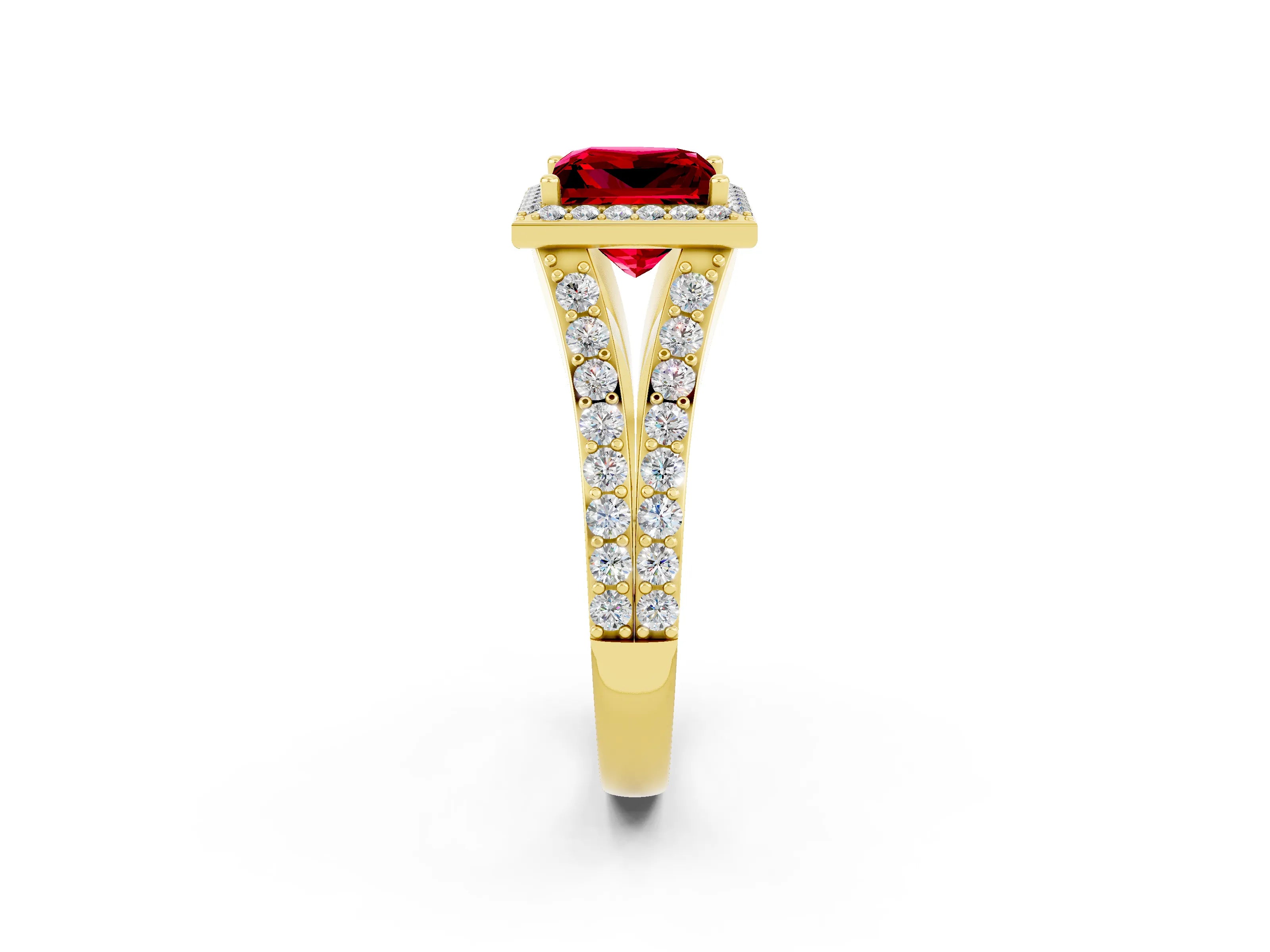 Yellow gold Princess Cut Ruby Split Shank Halo Ring with Four-Prong Setting_14