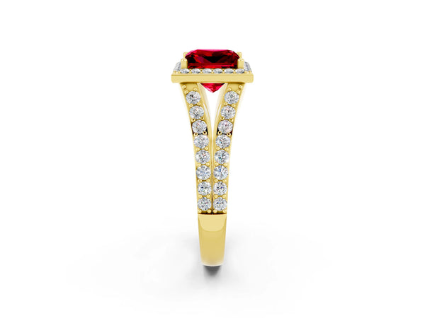 Yellow gold Princess Cut Ruby Split Shank Halo Ring with Four-Prong Setting