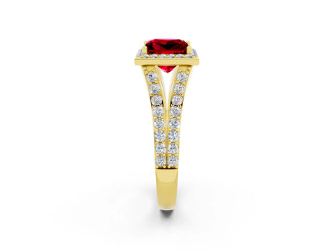 Yellow gold Princess Cut Ruby Split Shank Halo Ring with Four-Prong Setting_14