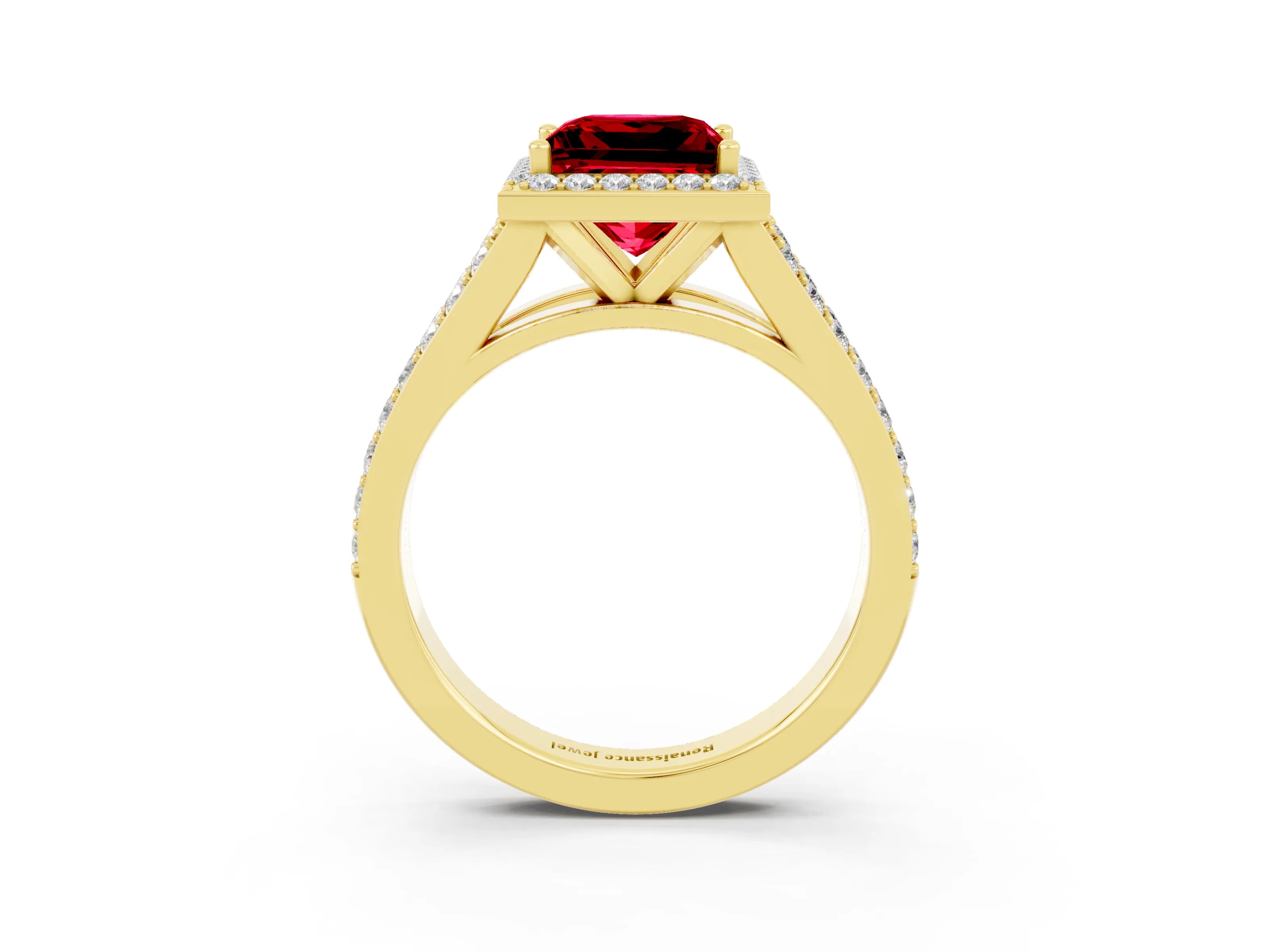 Yellow gold Princess Cut Ruby Split Shank Halo Ring with Four-Prong Setting_15