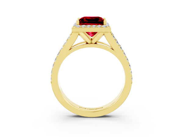 Yellow gold Princess Cut Ruby Split Shank Halo Ring with Four-Prong Setting