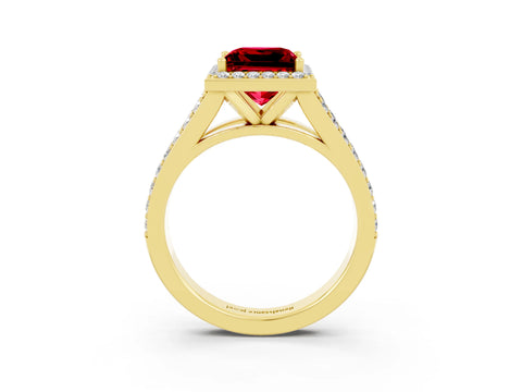 Yellow gold Princess Cut Ruby Split Shank Halo Ring with Four-Prong Setting_15