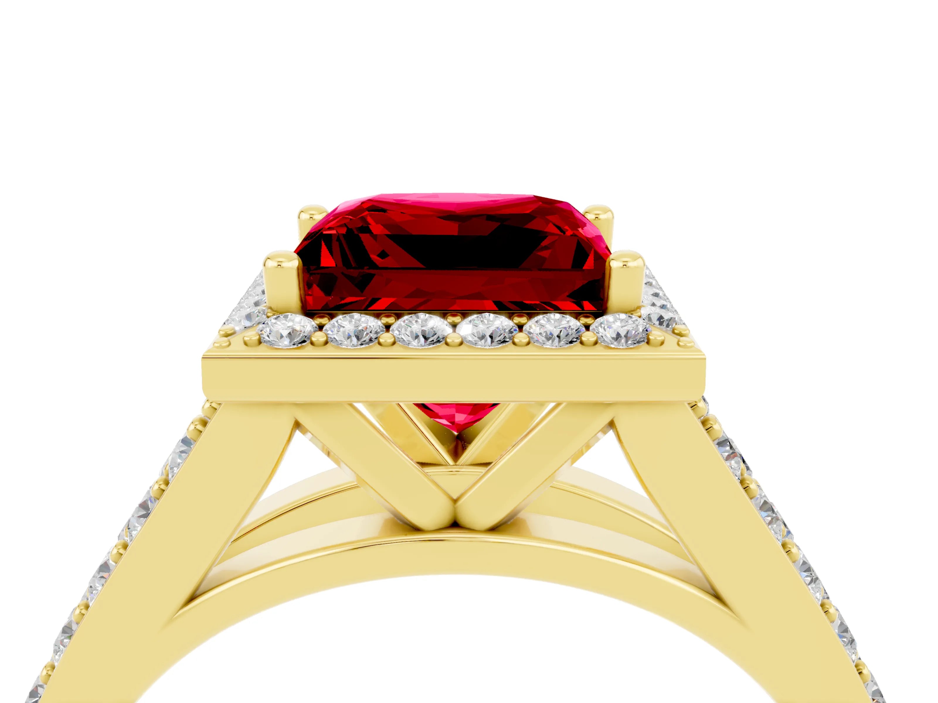 Yellow gold Princess Cut Ruby Split Shank Halo Ring with Four-Prong Setting_16