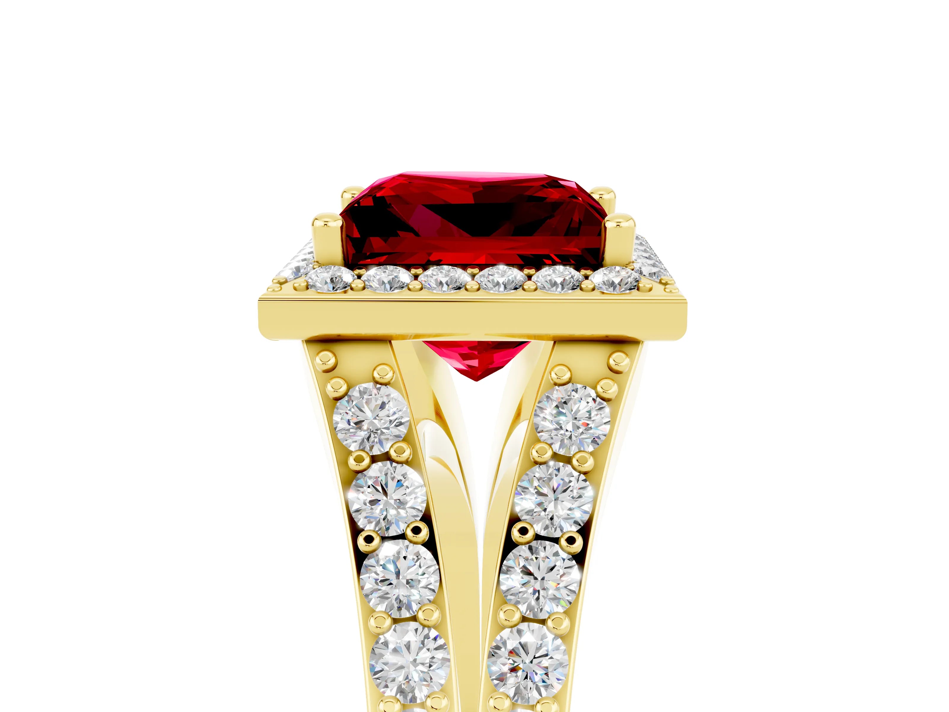 Yellow gold Princess Cut Ruby Split Shank Halo Ring with Four-Prong Setting_17