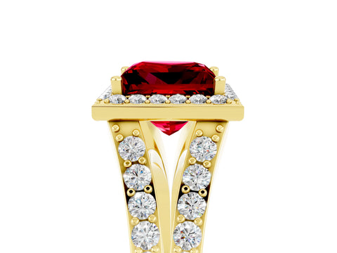 Yellow gold Princess Cut Ruby Split Shank Halo Ring with Four-Prong Setting_17