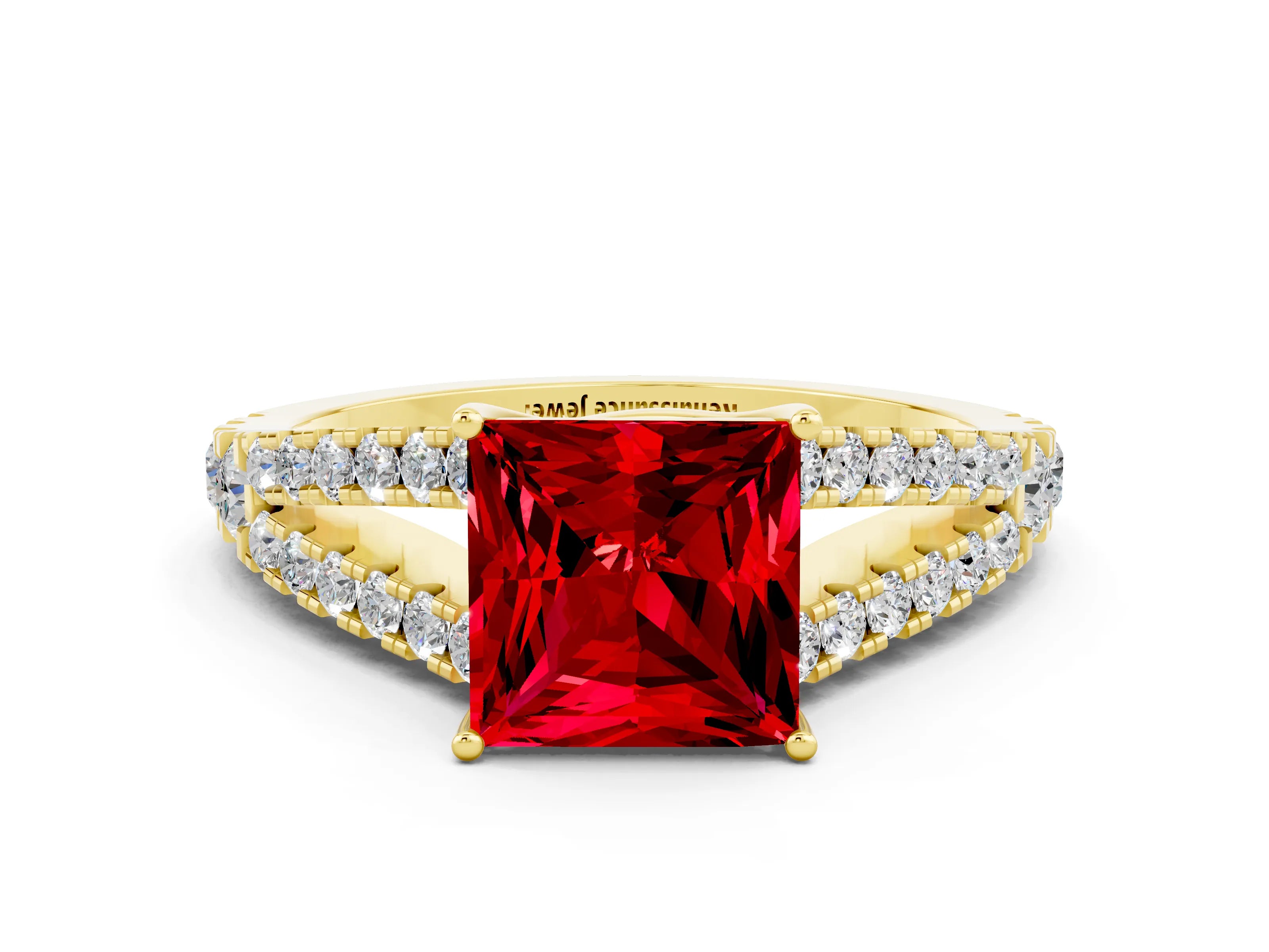 Yellow gold Princess Cut Ruby Split Shank Pavé Engagement Ring with Four-Prong Setting_12